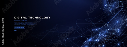 Network Background With Digital Data Flow, Abstract Polygon Wave, Glowing Connection Lines and Bright Nodes. Technology Banner for AI, Cloud Computing, Analytics and Communication.