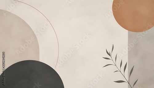 Minimalist boho abstract background, earthy neutral tones with geometric circles and botanical leaf, modern aesthetic wallpaper for social media