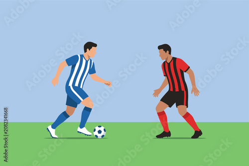 Two Soccer Players Dribbling Football During Match on Grass Field Vector Illustration