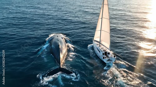 A majestic whale swims alongside a sailboat on the ocean.
