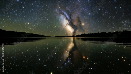 The lake reflects the bright starry sky, and the Milky Way reflects the quiet lake