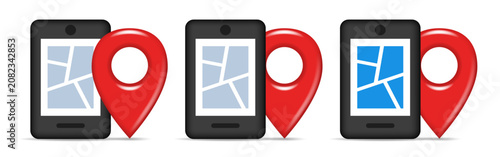 Smartphone, city map, and map pin. Location icon 3d. GPS vector icons.