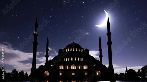 silhouette of a beautiful mosque with lighted minarets under a starry night sky and crescent moon
