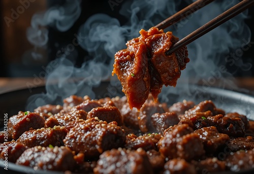 Close-up of sizzling Korean Bulgogi beef, beautifully caramelized meat, rich glossy sauce, chopsticks lifting tender slices, sesame garnish, steam rising, dark moody background.