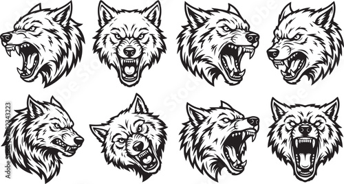 Schilderij op canvas Set of aggressive wolf head illustrations in black and white sketch style for sp