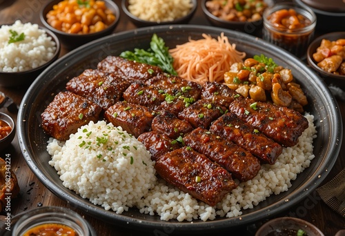 Gourmet Korean BBQ beef platter with caramelized Bulgogi, steamed rice, kimchi, fresh herbs, sesame seeds, traditional Korean side dishes, premium restaurant presentation.