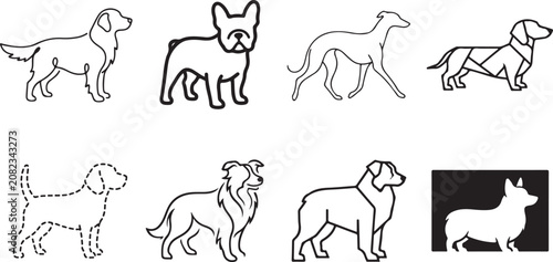 Canvastavla Set of simple line art dog icons showing different breeds in various artistic dr