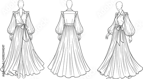Konstfotografi Fashion illustration of long wrap gown with bishop sleeves on female croquis mod