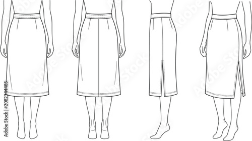 Tableau sur toile Fashion technical sketch of midi skirt with side slit showing multiple views vec