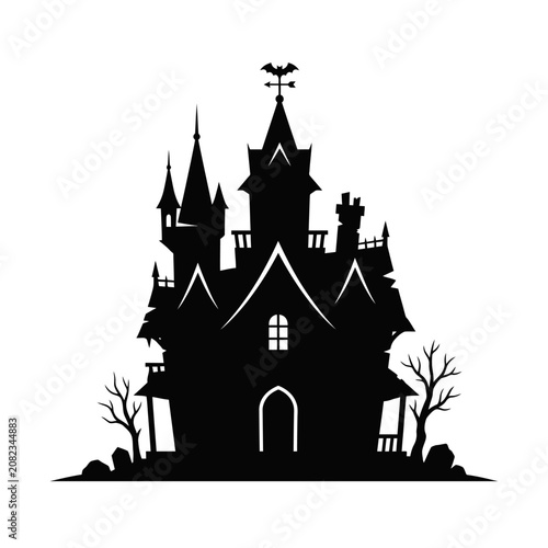 Haunted house, spooky castle, black silhouette, vector illustration, Halloween theme