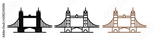 Tower bridge london icons set famous landmark outline illustration of historic english bridge architecture in black and brown landmark historic