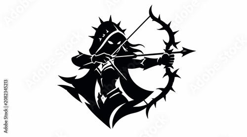 Foto Hooded archer woman mascot logo with spiked bow.