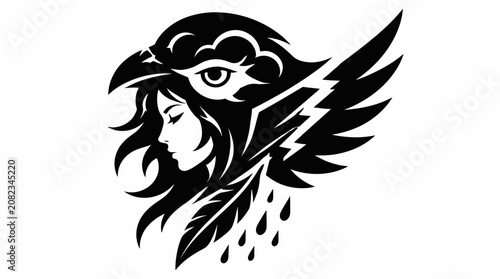 Принти на полотні Tribal woman wearing stylized raven mask profile silhouette