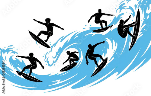 Stylized illustration of a surfer in multiple action poses riding powerful ocean waves, isolated on a white background, capturing motion, balance and extreme water sports.