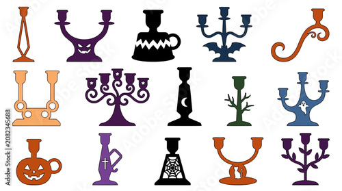 Photos Assorted Halloween candlestick designs featuring minimalist, spooky face, zigzag, bat, scroll, cut-out, crescent moon, and tree branch motifs