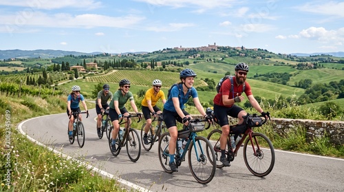 Group of cyclists enjoying a scenic ride through the rolling hills of Tuscany with a medieval town in the background
