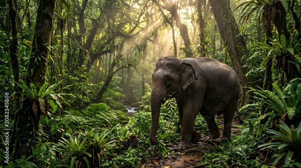 Obraz premium Asian elephant walking in lush rainforest majestic wildlife in tropical jungle with sun rays