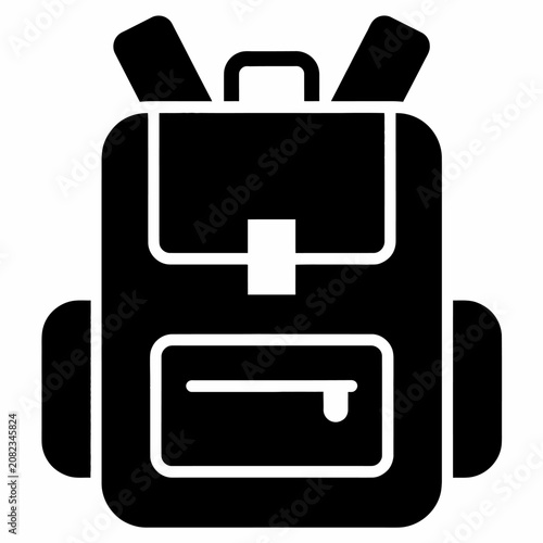 Simple black and white backpack icon with shoulder straps and compartments