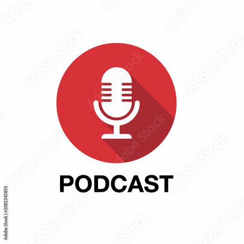 Red microphone icon with podcast text isolated on transparent background