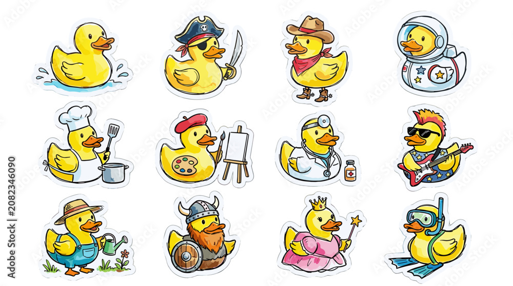 Obraz premium Collection of cute rubber duck illustrations with various accessories and playful poses