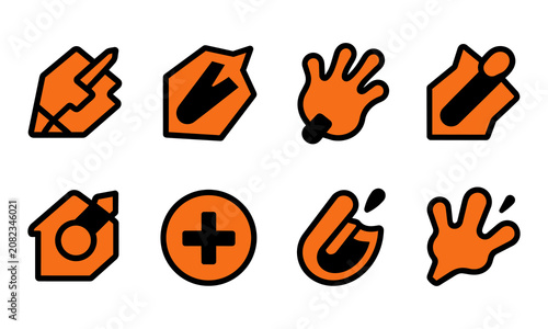 Set of 8 bold hand gesture icons with orange fill and black outline. Includes pinch to zoom, tap click, five fingers stop, swipe slide, hold press, plus add, finger snap and wave hello gestures.