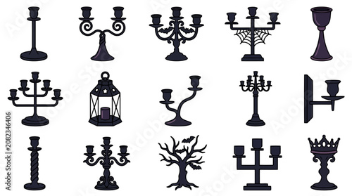 Tableau sur toile halloween black spooky candelabra set vector illustration, gothic candle holders and haunted tree graphic design elements