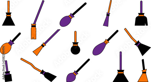 Canvastavla Collection of colorful flying witch brooms for Halloween, featuring orange, purp