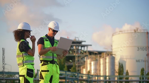 Petrochemical engineers inspecting industrial equipment and refinery operations at an oil and gas processing plant. Technical inspectors reviewing operations at a petrochemical refinery.