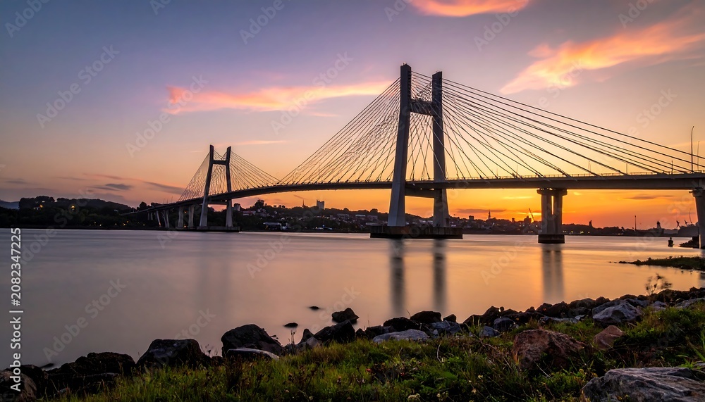 Fototapeta premium A serene sunset scene featuring a large suspension bridge spanning a calm body of water, with rocks and grass in the foreground