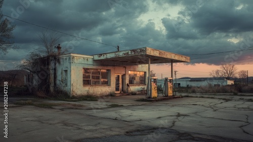 Empty gas station relic on a desolate highway with peeling signage and rusted fixtures