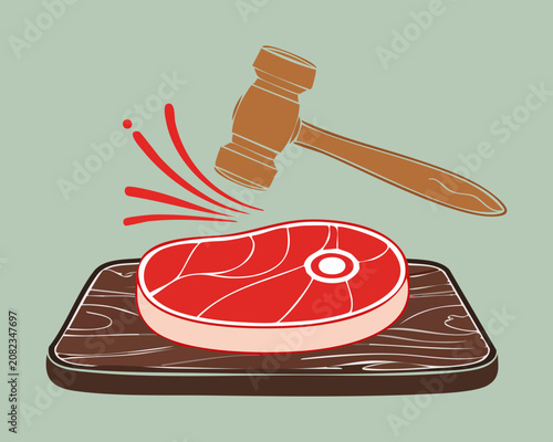 Obraz na plátně Graphic illustration of a meat tenderizer pounding a slice of fresh red steak on