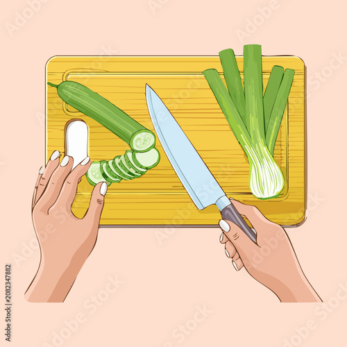 Konstfotografi Slicing fresh green scallions on a wooden chopping block using a chef knife for