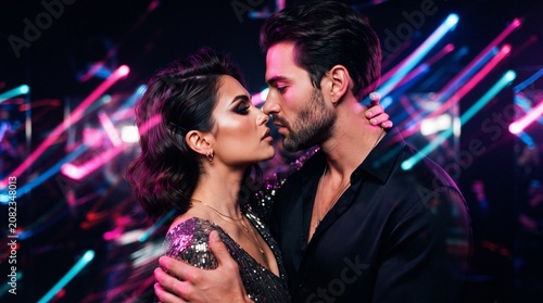 Couple About to Kiss with Vivid Pink Blue Motion Light Streaks, Neon Studio High Fashion Editorial Photography
