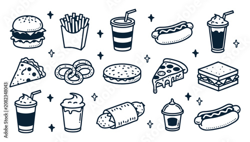 Slika na platnu Fast food and snacks doodle icons set featuring burgers fries soda hot dogs sand
