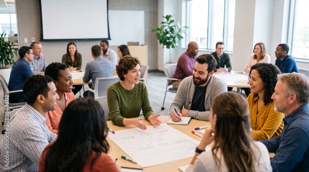 Obraz premium Diverse group of professionals collaborating around a table with a mind map diagram