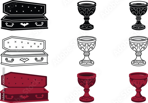 Gothic Halloween Vampire Icon Set Featuring Spooky Coffin with Bat Symbol and Ornate Wine Goblet in Black and Crimson Red Styles