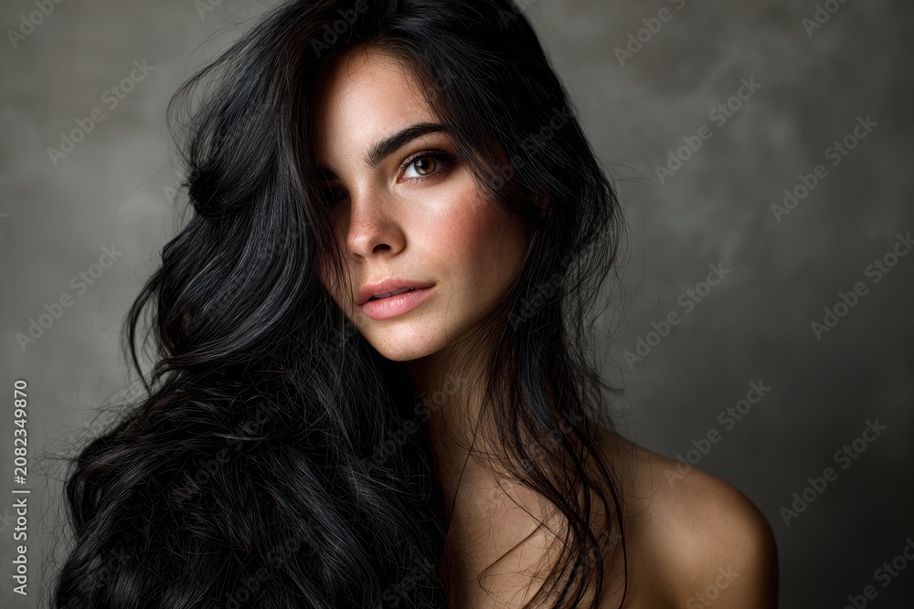 Fototapeta premium Close-up of glossy black hair waves cascading over a shoulder with natural makeup and warm lighting