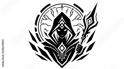 Foto Hooded cyber assassin with tech staff and sigil.