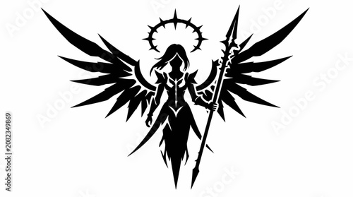 Foto Winged angel warrior silhouette with spear and halo.