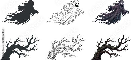 Bild auf Leinwand Halloween Spooky Flying Ghost Phantom and Gnarled Dead Tree Branch Set in Silhou