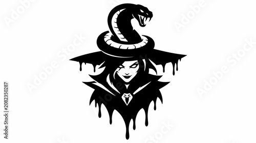 Fotografía Black witch silhouette with cobra snake on wide hat.