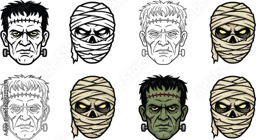 Schilderij op canvas Halloween Spooky Monster Heads Collection: Classic Cartoon Frankenstein and Anci