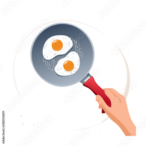 Hand holding a black skillet frying pan with two freshly cooked sunny side up eggs for a delicious nutritious healthy breakfast - Vector Illustration