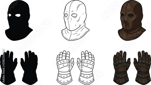 Tableau sur toile Medieval executioner leather mask and studded gauntlet gloves set in silhouette