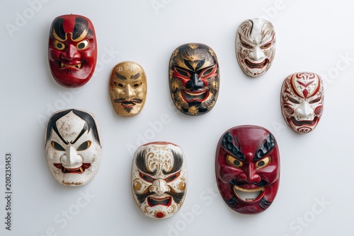 Decorative Kabuki mask set: traditional red, white and golden designs in a minimalist product shot