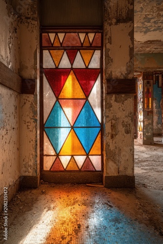 Bright Art Deco stained glass window panel with triangular geometric motifs in an abandoned hotel interior