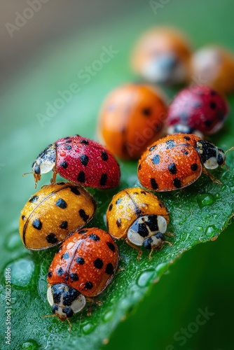 Dew-kissed insects: multicolored beetles gathering on a leaf in morning light