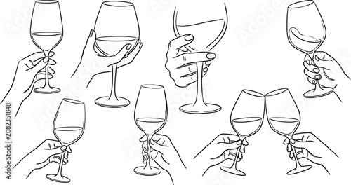 Bild auf Leinwand Line art illustrations of hands holding wine glasses in various positions