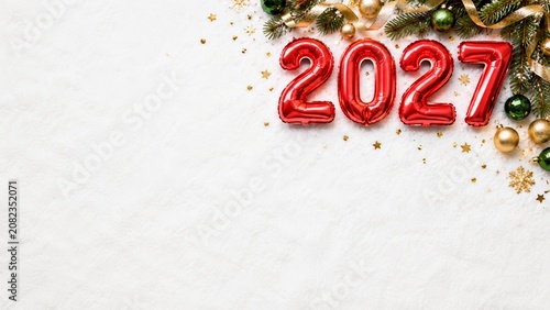 2027 Christmas and New Year copy space banner featuring red foil number balloons, evergreen branches, ornaments, gold ribbon and star confetti on white snow texture for holiday sale campaign