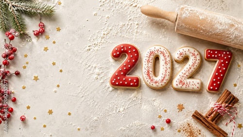 2027 Christmas and New Year copy space banner featuring decorated number cookies, rolling pin, flour, cinnamon sticks, berries and fir branches on baking table for seasonal bakery promotion ad